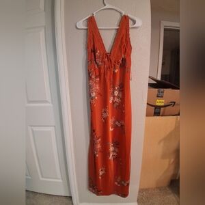 Rust Floral Lace-Trim Maxi Dress